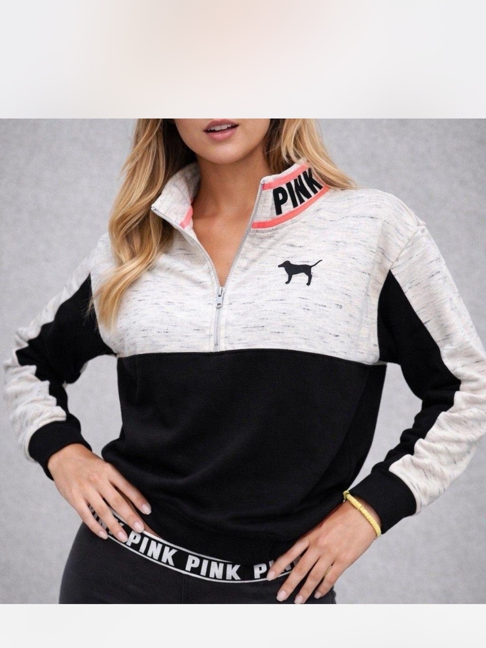 Victoria's Secret PINK Womens Sz Small Quarter Zip Sweatshirt Black Heather Gray